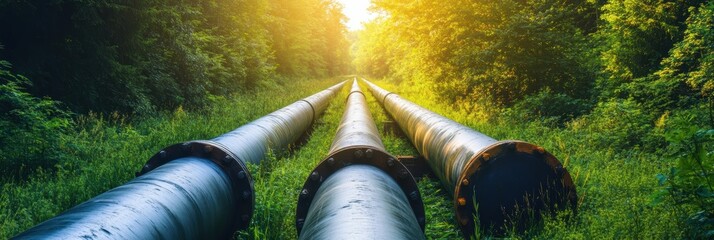 Poster - Gas pipelines running through a verdant forest with sunlight filtering through leaves in early morning. Generative AI