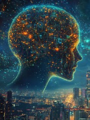 Leinwandbilder - Human head silhouette filled with glowing AI nodes in cosmic cyberpunk backdrop showcasing digital fractal patterns. Generative AI