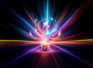 Wall Mural - double exposure image featuring a vibrant lightbulb shape formed by colorful rays, radiating energy 