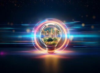 Wall Mural - a glowing lightbulb with a cityscape and nature scene inside, creates a double exposure effect again