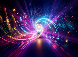 Wall Mural - double exposure creates dynamic abstract digital art with vibrant swirling lights radiating outwards