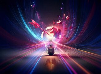 Wall Mural - vibrant double exposure art showing an arrow piercing a light bulb, creating a burst of light and en