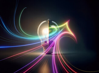 Wall Mural - a double exposure effect shows a glowing lightbulb emitting vibrant streaks of light against a dark 