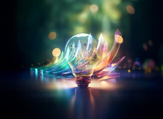 Wall Mural - A vibrant lightbulb emits colorful trails in a double exposure style, creating an abstract and conceptual image of energy and innovation.