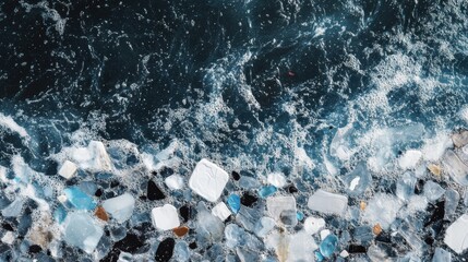 Aufkleber - Plastic fragments floating in ocean waves create an urgent visual impact on marine pollution. Generative AI