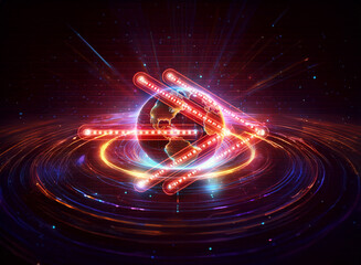 Wall Mural - a cosmic double exposure artwork featuring a glowing globe surrounded by vibrant, swirling light tra