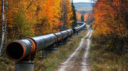 Leinwandbilder - Gas pipelines extend through a vibrant autumn landscape showcasing industrial design in natures beauty. Generative AI