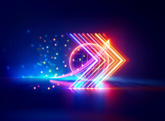 Wall Mural - vibrant double exposure of a neon arrow pointing right, illuminated with glowing lights and digital 