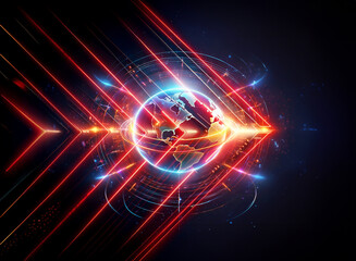 Wall Mural - a double exposure artwork featuring a world globe illuminated with bright red and blue glowing lines