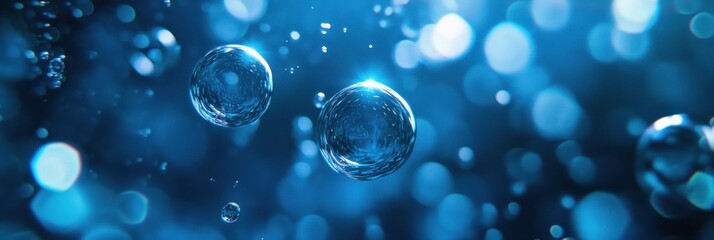 Aufkleber - Glowing gas bubbles rise through vibrant blue water in an enchanting underwater environment during daytime. Generative AI