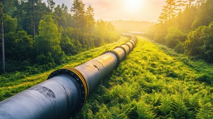 Poster - Gas pipelines stretch through a lush green forest under the warm glow of the setting sun. Generative AI