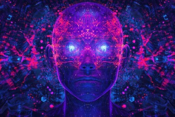 Fototapete - Interconnected AI nodes form a glowing silhouette against a cosmic cyberpunk background. Generative AI