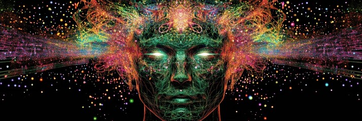 Fototapete - Human head silhouette shows interconnected glowing AI nodes against a cosmic cyberpunk background. Generative AI