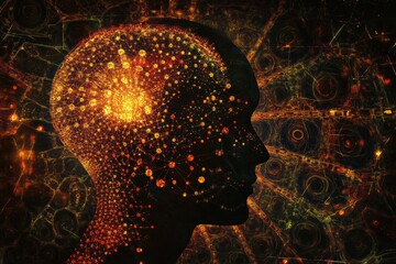 Fototapete - Human head silhouette with glowing AI nodes and cosmic fractal patterns in a cyberpunk environment. Generative AI