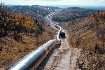 Leinwandbilder - Long gas pipelines stretch through a hilly landscape under a clear sky in this industrial perspective shot. Generative AI