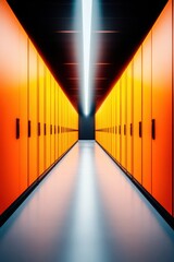 Fototapete - Hyper-Efficient Digital Infrastructure Minimalist Data Center Corridor Showcasing Next-Gen Cloud Computing Architecture with Precision-Engineered Symmetry and Vibrant Performance Visualization