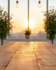 Poster - Golden Hour Workspace Minimalist Wooden Table with Natural Light, Urban Biophilic Design for Mindful Productivity and Creative Professional Environments