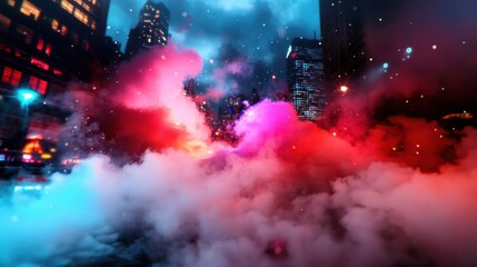 Aufkleber - Cyberpunk Urban Dreamscape Cinematic Neon Smoke Explosion Transforming City Nightscape - Immersive Digital Art and Futuristic Visual Storytelling