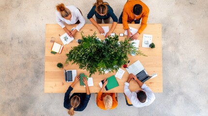 Aufkleber - Green Innovation Collective Diverse Millennial Professionals Collaborating on Sustainable Tech Solutions in Minimalist Co-Working Environment with Biophilic Design