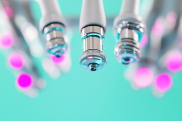Poster - Precision Medical Innovation High-Resolution Microscope Lens Technology Showcasing Next-Gen Scientific Research Aesthetics in Vibrant Teal and Pink