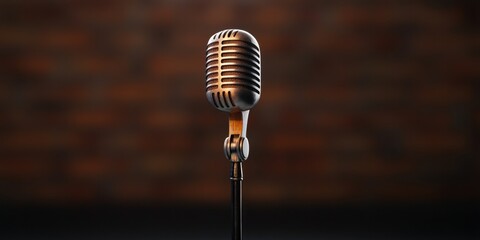 Leinwandbilder - Vintage Chrome Retro Microphone Nostalgic Podcast and Performance Studio Icon with Dramatic Spotlight for Creative Content Creators in Analog-Digital Fusion Era
