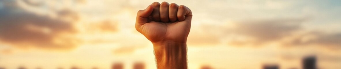 Poster - Climate Action Empowerment Raised Fist Silhouette at Golden Sunset - Grassroots Activism, Social Justice, and Generational Change Visual Narrative