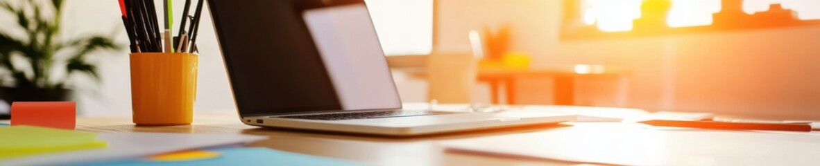 Leinwandbilder - Minimalist Hybrid Workspace Sunlit Wooden Desk Essentials Showcasing Productive Remote Work Aesthetic for Digital Professionals and Creative Entrepreneurs