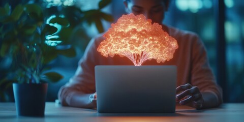 Fototapete - Illuminating AI Creativity Holographic Neural Tree Visualization in Minimalist Workspace - Cutting-Edge Digital Innovation Meets Human Imagination and Technological Empowerment