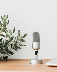 Aufkleber - Minimalist Podcast Studio Vintage Silver Microphone with Olive Botanical Styling - Elegant Content Creation and Modern Digital Broadcasting Aesthetic