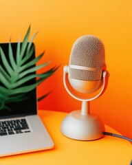 Leinwandbilder - Vibrant Content Creation Essentials Retro Podcast Microphone with Minimalist Tech Setup - Digital Storytelling and Creative Entrepreneurship