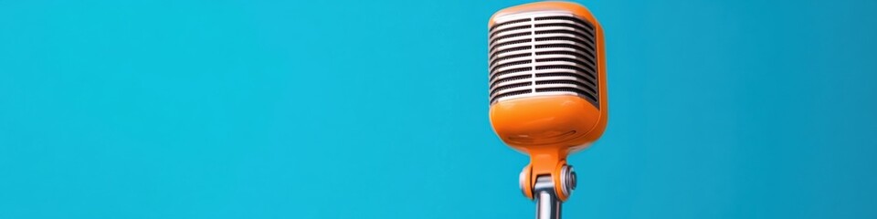 Leinwandbilder - Retro Audio Nostalgia Vintage Chrome Microphone Against Vibrant Blue - Iconic Performance and Creative Sound Design for Digital Media Branding