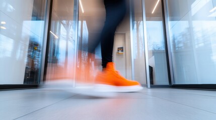 Aufkleber - Dynamic Urban Motion Vibrant Orange Sneaker in Blurred Glass Office Transition - Millennial Workspace Energy and Modern Professional Mobility