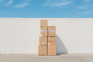 Fototapete - Urban Logistics Revolution Minimalist Cardboard Package Stack Showcasing Next-Gen Delivery Efficiency in Clean, Sustainable E-Commerce Ecosystem