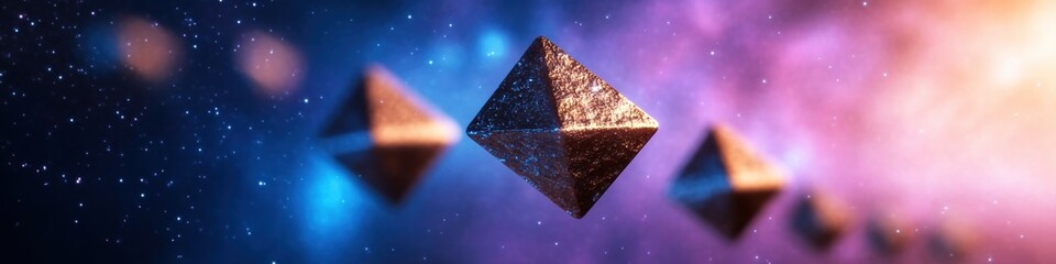 Poster - Quantum Geometry Immersive Metallic Polyhedron Technology in Cosmic Visualization - Futuristic Digital for AI and Space Innovation Marketing
