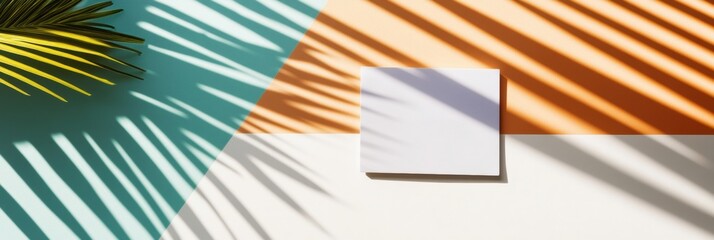 Poster - Tropical Minimalist Workspace Geometric Shadow Play with Palm Leaf and Neutral Card - Contemporary Design Aesthetic for Creative Branding and Digital Content