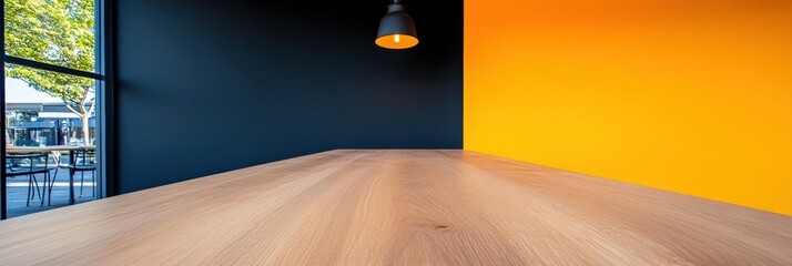 Leinwandbilder - Industrial Minimalist Interior Design Bold Color-Block Space with Dynamic Wood Surface and Contemporary Architectural Lighting - Innovative Workspace Visualization