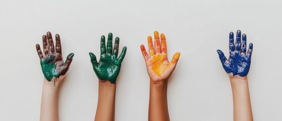 Poster - Diversity and Collaboration Visualized Multiethnic Hands Painted in Vibrant Colors Expressing Creative Learning and Inclusive Educational Engagement