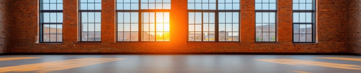 Leinwandbilder - Industrial Chic Urban Loft Golden Sunset Panorama Through Expansive Brick Warehouse Windows - Minimalist Design and Creative Space Inspiration