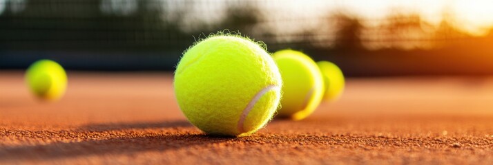 Poster - Minimalist Tennis Performance High-Contrast Neon Balls on Clay Court - Dynamic Sports Equipment Aesthetic for Professional Training and Marketing Visuals