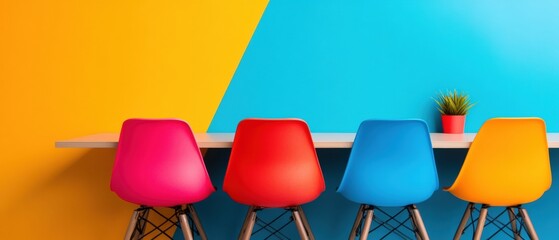 Poster - Vibrant Collaborative Workspace Minimalist Design Chairs in Color-Block Setting - Creative Innovation and Dynamic Team Productivity Visualization