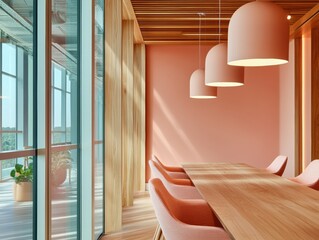 Poster - Biophilic Workspace Design Soft Terracotta Minimalist Meeting Room with Natural Timber and Glass - Innovative Corporate Wellness Environment