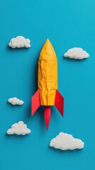 Fototapete - Origami Innovation Playful Paper Rocket Launching Creative Learning and Digital Entrepreneurship in Minimalist Design Trends