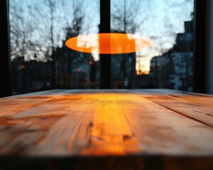 Aufkleber - Minimalist Urban Workspace Design Warm Wood Textures with Golden Sunset Light Transforming Contemporary Office Environment for Creative Productivity