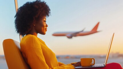 Aufkleber - Empowered Digital Nomad Vibrant Gen Z Professional Transforms Airport Lounge into Dynamic Workspace with Sunset Connectivity and Luxury Travel Inspiration