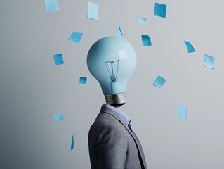 Leinwandbilder - Innovative Mindset Visualization Surreal Corporate Creativity with Lightbulb Head and Floating Blue Notes - Next-Gen Professional Ideation Concept