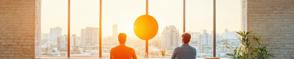 Fototapete - Urban Workspace Harmony Collaborative Minimalist Design with Silhouetted Professionals Embracing Sunset City Views - Future of Hybrid Work Environments