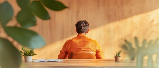 Fototapete - Minimalist Workspace Zen Warm Terracotta Home Office Design for Hybrid Productivity, Wellness-Focused Remote Work Aesthetic with Natural Light