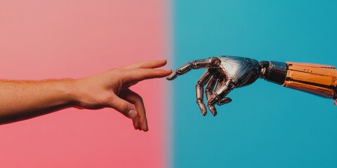 Aufkleber - Next-Gen AI Convergence Human and Robotic Hands Touching in Minimalist Futuristic Interface - Breakthrough Tech Collaboration Visualized