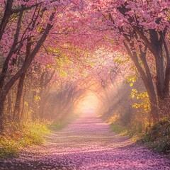 Wall Mural - Charming pathway lined with beautiful pink flowers leading through a lush green landscape in a peaceful setting