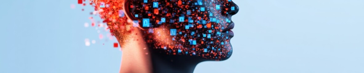 Aufkleber - AI Identity Disruption Futuristic Digital Transformation Visualizing Human-Technology Convergence in Pixelated Neural Network Visualization